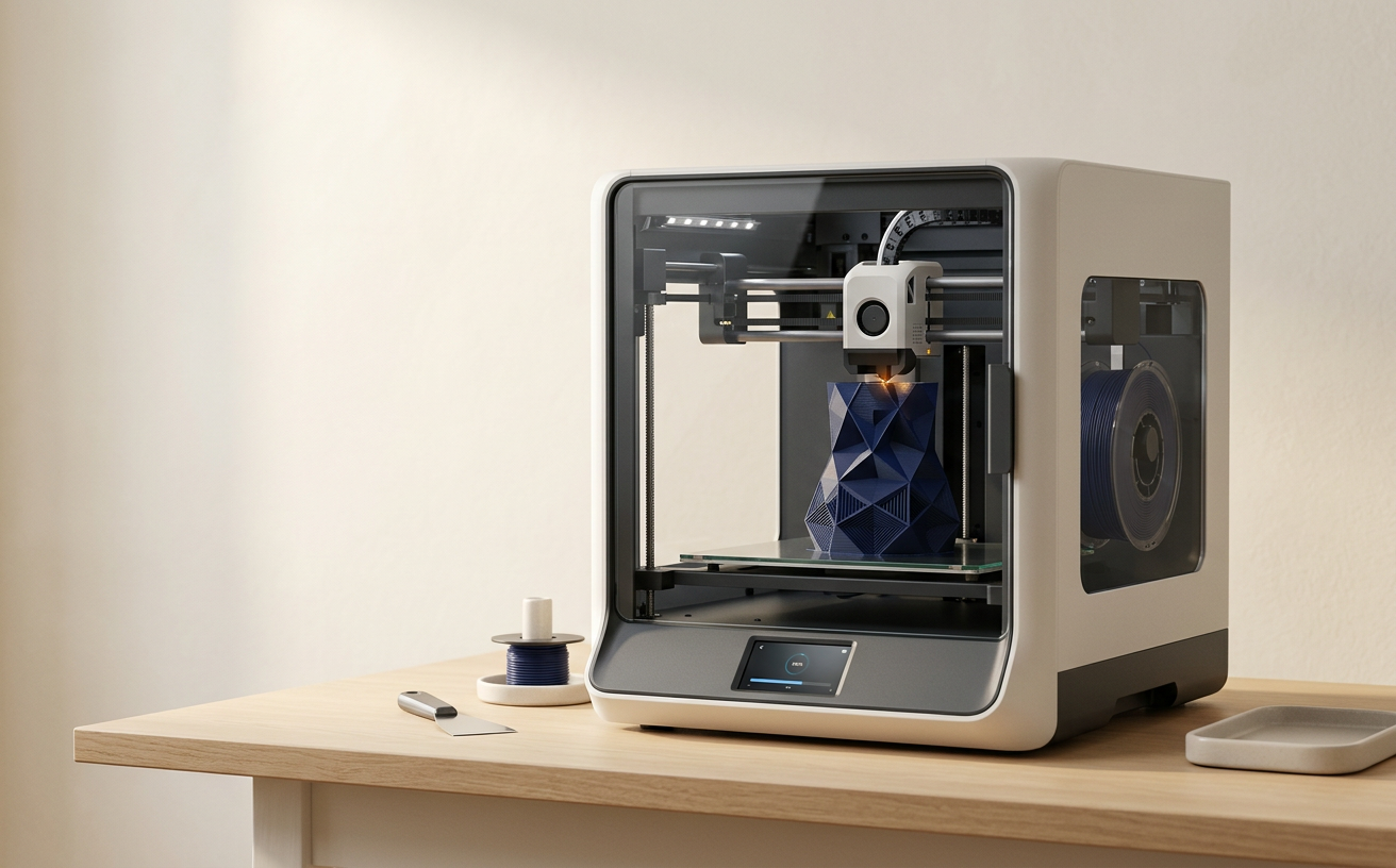 A desktop 3D printer creating a geometric model
